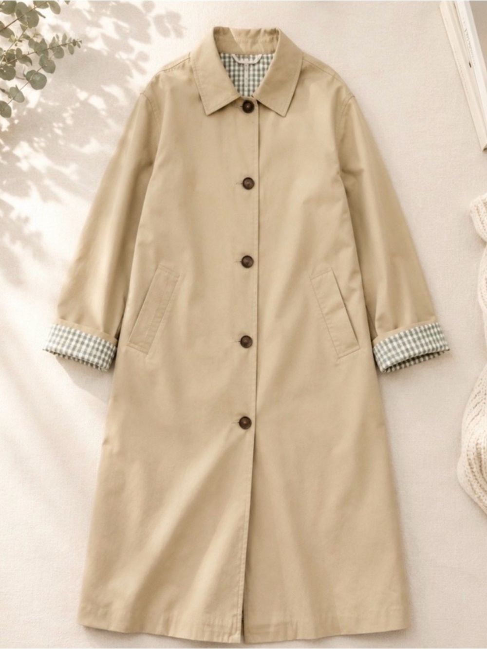 NEW Beige Trench Coat With Gingham Print